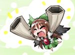  ^_^ absurdres arm_cannon blush_stickers bow brown_hair chibi closed_eyes dual_wielding hair_bow happy highres holding long_hair reiuji_utsuho shinapuu skirt smile solo touhou weapon wings 