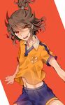  brown_hair ediblepanda fusion inazuma_eleven_(series) inazuma_eleven_go inazuma_eleven_go_chrono_stone lightning_bolt male_focus open_mouth raimon raimon_soccer_uniform red_eyes shindou_takuto shindou_takuto_(mixi_max_oda_nobunaga) simple_background soccer_uniform solo sportswear 