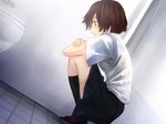  bathroom brown_eyes brown_hair check_translation commentary crossed_arms looking_down original school_uniform short_hair solo squatting toilet translation_request yui_7 