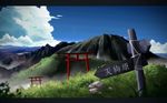  bad_pixiv_id cloud day grass kitsuneno_denpachi landscape letterboxed mountain no_humans original scenery sign sky torii 