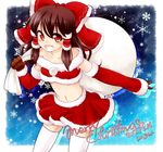  :d alternate_costume bare_shoulders blush bow brown_gloves brown_hair christmas collarbone dated detached_sleeves fang gloves hair_bow hair_tubes hakurei_reimu haruki_(colorful_macaron) long_hair merry_christmas miniskirt navel open_mouth red_eyes sack santa_costume signature skirt smile snowflakes solo thighhighs touhou white_legwear 