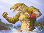  anthro biceps big_muscles clothed clothing crocodile dog_tags fangs flexing gloves green_skin half-dressed male muscles pants pecs pose reptile rotarr saliva scales scalie standing tongue topless vein veins water wet yellow_eyes 