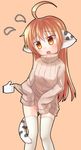  :o absurdres ahoge animal_ears blush brown_eyes brown_hair cat_ears cat_tail cursor flying_sweatdrops haruka_(ueno_musashi) highres long_hair original outline ribbed_sweater simple_background sleeves_past_wrists solo sweater tail thighhighs ueno_musashi white_legwear 