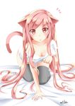  :o all_fours animal_ears black_legwear breasts cat_ears cat_tail catstudioinc_(punepuni) cleavage collarbone fang highres long_hair looking_at_viewer medium_breasts naked_shirt off_shoulder open_mouth original pink_eyes pink_hair puni_(miku_plus) shirt simple_background solo surprised tail thighhighs very_long_hair white_background white_shirt 