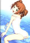 absurdres ass bare_shoulders blush brown_hair from_above from_behind green_eyes highres idolmaster idolmaster_(classic) inflatable_dolphin inflatable_toy long_hair looking_at_viewer looking_back looking_up one-piece_swimsuit open_mouth pool school_swimsuit sitting smile solo straddling swimsuit takatsuki_yayoi tanaka_shoutarou twintails water wet white_school_swimsuit white_swimsuit 
