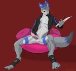  anatomically_correct animal_genitalia balls blue blue_hair canine canine_penis claws clothing digitigrade erection fur grey_fur hair hindpaw knife knot leather_jacket looking_at_viewer male mammal masturbation open_shirt paws penis pillow precum red_eyes res_the_rabbit shirt sitting solo stripes toes wolf 