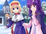 a_(aaaaaaaaaaw) alice_margatroid blonde_hair blue_eyes blush capelet cloak crescent crescent_hair_ornament dress hair_ornament holding_hands house long_hair multiple_girls no_hat no_headwear open_mouth patchouli_knowledge purple_eyes purple_hair scarf shanghai_doll short_hair smile snow touhou tree 