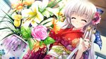  ^_^ aina_ashwin blush calendula closed_eyes dutch_angle facing_viewer floral_print flower flower_request game_cg hair_flower hair_ornament indoors japanese_clothes kimono lily_(flower) long_hair obi pink_flower pink_rose prism_recollection! rose sash shintarou smile solo tulip vase white_hair wide_sleeves wisteria yellow_flower yellow_rose 