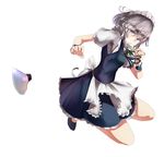  apron bad_id bad_pixiv_id blue_eyes braid dress grey_hair hair_ribbon highres hizagawa_rau izayoi_sakuya knife maid maid_headdress ribbon solo touhou twin_braids white_background wrist_cuffs 