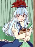  bag bamboo bamboo_forest blue_dress blue_hair brown_eyes commentary dress forest hat juliet_sleeves kamishirasawa_keine komaku_juushoku long_hair long_sleeves nature open_mouth puffy_sleeves shopping_bag smile solo spring_onion touhou 