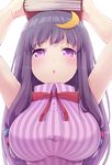  :o arms_up book book_on_head breasts crescent crescent_hair_ornament hair_ornament highres large_breasts long_hair object_on_head panda_tarou patchouli_knowledge purple_eyes purple_hair ribbon sleeveless solo touhou upper_body 
