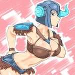  1girl bent_over blue_eyes breasts cleavage frown helmet highres horn large_breasts league_of_legends midriff navel pink_background sejuani simple_background sweatdrop tears zei-minarai 