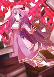  :&lt; blurry bobby_socks book crescent depth_of_field dress flower hair_ribbon long_hair outstretched_hand paper patchouli_knowledge purple_eyes purple_hair ribbon rose socks solo t-ty_(clarks_nutcracker) touhou triangle_mouth 