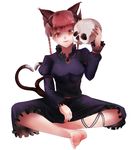  animal_ears bad_id bad_pixiv_id barefoot bow braid cat_ears cat_tail cheek_squash dress extra_ears fang hair_bow heart heart_tail highres hizagawa_rau indian_style kaenbyou_rin leg_ribbon multiple_tails open_mouth red_eyes red_hair ribbon sitting skull solo tail touhou twin_braids 