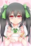  absurdres akkii_(meragold) alternate_hairstyle apron bad_id bad_pixiv_id black_hair blush bow bowl commentary food hair_bow heart highres jewelry long_hair looking_at_viewer puffy_sleeves red_eyes reiuji_utsuho rice ring shirt short_sleeves solo spoon touhou twintails upper_body 