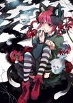  animal_ears bad_id bad_pixiv_id boots bow braid cat_ears cat_tail fire_lily hair_bow highres kaenbyou_rin multiple_tails red_eyes red_hair sitting skirt skull smile sofy solo striped striped_legwear tail thighhighs touhou twin_braids 