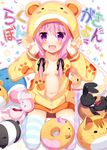  :d animal_hood blush double_v fang hood hoodie looking_at_viewer meito_(maze) naked_hoodie navel open_clothes open_hoodie open_mouth original pink_eyes pink_hair smile solo striped striped_legwear stuffed_animal stuffed_bunny stuffed_toy thighhighs v 