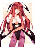  ahoge animal_print bare_shoulders bat_print bat_wings black_leotard blush breasts bridal_gauntlets cosplay embarrassed groin head_wings heart_cutout koakuma large_breasts leotard long_hair looking_at_viewer low_wings morrigan_aensland morrigan_aensland_(cosplay) pantyhose print_legwear red_eyes red_hair shiren_(monochrome_structure) simple_background solo thigh_gap touhou vampire_(game) white_background wings 