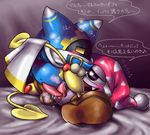  alien anus bed bedroom cape clothing covers cum cum_on_penis erection gay hat headgear kirby_(series) magolor male marx open_mouth orgasm penis plain_background sharp_teeth shoes teeth text 