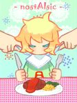  1boy a_(nostalgic) blonde_hair blue_eyes blush copyright_name english food fork ketchup knife nostalgic plate short_hair steak title_drop unica111 