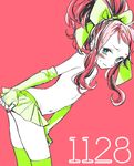  1girl blue_eye blue_eyes blush bow green_legwear green_thighhighs navel pixiv_manga_sample pokemon pokemon_(game) pokemon_bw shigeru skirt small_breasts solo sweat thighhighs thighs topless touko_(pokemon) 