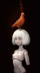  animal animal_on_head bird bird_on_head black_background blood bloody_tears breasts doll doll_joints looking_at_viewer navel nipples nude on_head original short_hair simple_background small_breasts white_hair yoru_(xueyinye) 