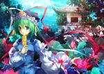  architecture bad_id bad_pixiv_id bangs blue_eyes blue_shirt breasts bud closed_mouth cloud crown crown_hat day dress_shirt east_asian_architecture flower flower_request green_hair hat hat_ribbon leaf lilithbloody long_sleeves looking_at_viewer lotus multicolored multicolored_ribbon nature petals puffy_long_sleeves puffy_sleeves red_ribbon ribbon ribbon-trimmed_shirt rod_of_remorse shiki_eiki shirt short_hair sky small_breasts solo stairs touhou tree white_ribbon 