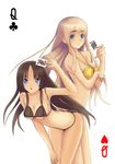  akiyama_mio armpits bent_over bikini black_eyes black_hair blonde_hair blue_eyes breast_lift card card_(medium) halter_top halterneck highres holding holding_card k-on! kotobuki_tsumugi long_hair multiple_girls playing_card swimsuit yue_shu_ya 