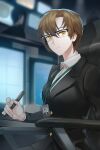  1girl black_skirt blazer blurry blurry_background brown_eyes brown_hair chair computer cup dress_shirt facing_to_the_side flat_chest game_cg glasses highres holding holding_pen indoors jacket kang_jaehee lanyard looking_at_viewer monitor multiple_monitors office office_chair official_art parted_bangs pen pencil_skirt secretary semi-rimless_eyewear shirt short_hair sitting skirt susanghan_messenger swivel_chair third-party_source white_shirt 