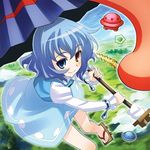  album_cover blue_eyes bracelet cloud cover day fence flying from_above full_body gameplay_mechanics geta heterochromia jewelry jpeg_artifacts karakasa_obake meadow purple_umbrella red_eyes sakino_shingetsu short_hair sky smile solo tatara_kogasa tongue touhou ufo umbrella 