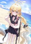  1girl :/ absurdres ahoge alternate_costume alternate_hairstyle bare_legs beach bikini bikini_skirt black_bikini black_bow black_choker blonde_hair blue_archive blush bow breasts choker collarbone commentary feet_out_of_frame fn_scar_17 frilled_bikini frills gun_sling hair_bow halo heimu_(heim_kstr) highres long_hair looking_at_viewer low-tied_long_hair outdoors small_breasts solo swimsuit very_long_hair white_innertube yellow_eyes yoshimi_(blue_archive) 