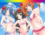  animal_ears bikini black_hair blue_eyes blue_hair cat_ears flat_chest frilled_bikini frills front-tie_top green_eyes hazuki_kurumi hyuuga_aoi_(artist) kaitou_tenshi_twin_angel kannazuki_aoi long_hair minazuki_haruka_(twin_angel) multiple_girls navel orange_hair polka_dot polka_dot_bikini polka_dot_swimsuit purple_eyes short_hair side-tie_bikini string_bikini swimsuit twin_angel twintails 