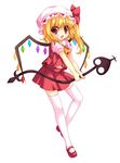  bad_id bad_pixiv_id blonde_hair blush bow fang flandre_scarlet full_body hat laevatein legs mary_janes open_mouth ratise red_eyes shoes side_ponytail simple_background skirt smile solo standing thighhighs touhou white_legwear wings zettai_ryouiki 
