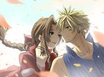  1girl :d aerith_gainsborough bare_shoulders blonde_hair braid brown_hair cloud_strife collarbone dress earrings final_fantasy final_fantasy_vii jewelry long_hair open_mouth pink_dress single_braid sleeveless smile spiked_hair tsuchii_(ramakifrau) upper_body very_long_hair vest 