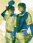  2boys ace_of_diamond baseball_cap baseball_helmet baseball_mitt baseball_uniform belt black_belt black_hair blue_eyes closed_mouth cowboy_shot goggles hat helmet highres jshdirk long_sleeves male_focus miyuki_kazuya multiple_boys pants sawamura_eijun short_hair side-by-side sideburns sportswear standing sweat translation_request white_pants 