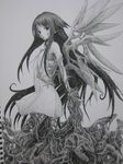  absurdres bad_id bad_pixiv_id dress graphite_(medium) greyscale highres long_hair monochrome monster_girl saya saya_no_uta sketch solo traditional_media very_long_hair wings 