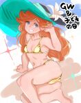  1girl absurdres ass bikini blue_eyes blush breasts cleavage collarbone crotch dripping flat_chest floppy_hat flower flower_request full-face_blush gold_bikini golden_week granblue_fantasy grin hand_in_own_hair hand_on_ground hand_up hat hat_flower highres legs_together long_hair lying minomushi4649 navel on_side orange_hair sara_(granblue_fantasy) smile solo sparkle string_bikini sun_hat swimsuit thighs three-toned_background translation_request 