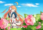  ahoge android argento bad_id bad_pixiv_id cloud day flower gloves headphones headset long_hair red_eyes red_hair robot_joints sf-a2_miki sitting smile solo striped very_long_hair vocaloid 