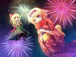  aerial_fireworks alice_margatroid blonde_hair blue_eyes blush bow doll doll_joints fan fireworks geta hair_bow hairband japanese_clothes kimono matching_shanghai night night_sky obi open_mouth paper_fan purple_eyes red_kimono ryosios sandals sash shanghai_doll short_hair sky smile solo touhou uchiwa yukata 