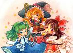  blonde_hair bow braid brown_hair detached_sleeves frog gohei green_eyes green_hair hair_bow hair_ornament hakurei_reimu hat kirisame_marisa kochiya_sanae long_hair multiple_girls red_eyes short_hair snake touhou wand wataori_(ippuku_shimasho) witch_hat yellow_eyes 