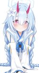  1girl bare_shoulders black_bridal_gauntlets black_sash blue_archive blue_bow blue_hair blue_halo blunt_bangs blush bow braid bridal_gauntlets center-flap_bangs chise_(blue_archive) closed_mouth commentary_request demon_girl detached_sleeves eyes_visible_through_hair flower hair_flower hair_ornament hair_spread_out halo highres horns japanese_clothes kimono long_hair long_sleeves looking_at_viewer oni red_eyes red_horns red_pupils sailor_collar sash school_uniform serafuku sidelocks simple_background skin-covered_horns sleeveless sleeveless_kimono smile solo split_mouth straight-on tareme twin_braids very_long_hair white_background white_flower white_kimono white_sailor_collar wide_sleeves yamichi_(yamichi8369) 