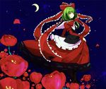  bad_id bad_pixiv_id boots bow crescent_moon dress flower frills green_hair hair_bow hair_ribbon kagiyama_hina moon petals red_eyes ribbon smile solo tatsunoko_tarou touhou 