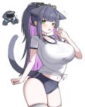  1girl 1other :d ^^^ absurdres animal_ears arknights black_buruma black_choker black_gloves black_hair black_jacket blush breasts buruma cat_ears cat_girl cat_tail chibi chibi_inset choker collarbone doctor_(arknights) flying_sweatdrops gloves green_eyes half-closed_eye hand_up highres hood hood_up hooded_jacket jacket jessica_(arknights) jessica_the_liberated_(arknights) large_breasts long_hair looking_at_viewer multicolored_hair navel pink_hair ponytail shirt simple_background skindentation smile solo_focus spam_(spamham4506) sweat tail thighhighs thumbs_up tied_shirt two-tone_hair uneven_eyes very_long_hair white_background white_shirt white_thighhighs 