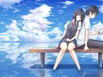  1girl arm_support bench black_eyes black_hair book cloud day kurio legs long_hair original outdoors pleated_skirt profile reading reflection ribbon school_uniform sitting skirt sky soaking_feet water 