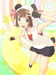  amami_haruka animal_costume animal_ears armpits bad_id bad_pixiv_id fingerless_gloves foreshortening gloves hands idolmaster idolmaster_(classic) panda_costume smile solo tail totokichi waving 