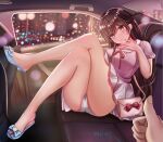  1girl bag blue_shoes bow braid brown_eyes brown_hair cameltoe car car_door car_seat cityscape closed_mouth collar crossed_legs feet hair_between_eyes hand_on_own_face handbag jewelry kanojo_okarishimasu long_hair miniskirt mizuhara_chizuru motor_vehicle nail_polish panties pink_shirt ponytail red_bow ring sandals shirt shoes short_ponytail side_braid skirt smile suangyue_qiuhua thumbs_up toenail_polish toenails toes underwear white_panties white_skirt 