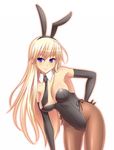  animal_ears bent_over blonde_hair blue_eyes breasts bunny_ears bunnysuit hanna-justina_marseille long_hair medium_breasts necktie pantyhose solo strike_witches surume_(clavis) world_witches_series 