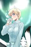  animal_ears blonde_hair blue_eyes brave_witches cup eila_ilmatar_juutilainen ermine_ears ermine_tail military military_uniform mug nikka_edvardine_katajainen satou_atsuki short_hair solo strike_witches sweater tail turtleneck uniform weasel_ears weasel_tail world_witches_series 