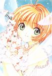  90s angel_wings bare_shoulders brown_hair cardcaptor_sakura cherry_blossoms clamp face flower green_eyes kinomoto_sakura object_namesake official_art short_hair smile solo traditional_media wings 