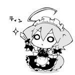  :&lt; ahoge angeltype animal_ears chibi dog_ears dog_tail greyscale inu_sakuya izayoi_sakuya knife lowres monochrome solo tail touhou 